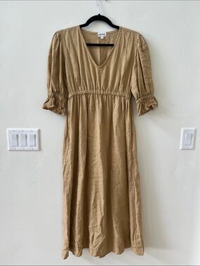 Tan Linen V-Neck Midi Dress